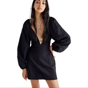 Free People Black Mini Dress with Puff Sleeves